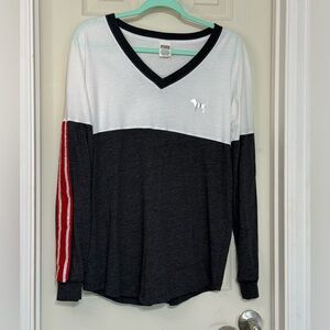 PINK Victoria's Secret Bling Varsity Tee Oversized Small Long Sleeve V-Neck Top